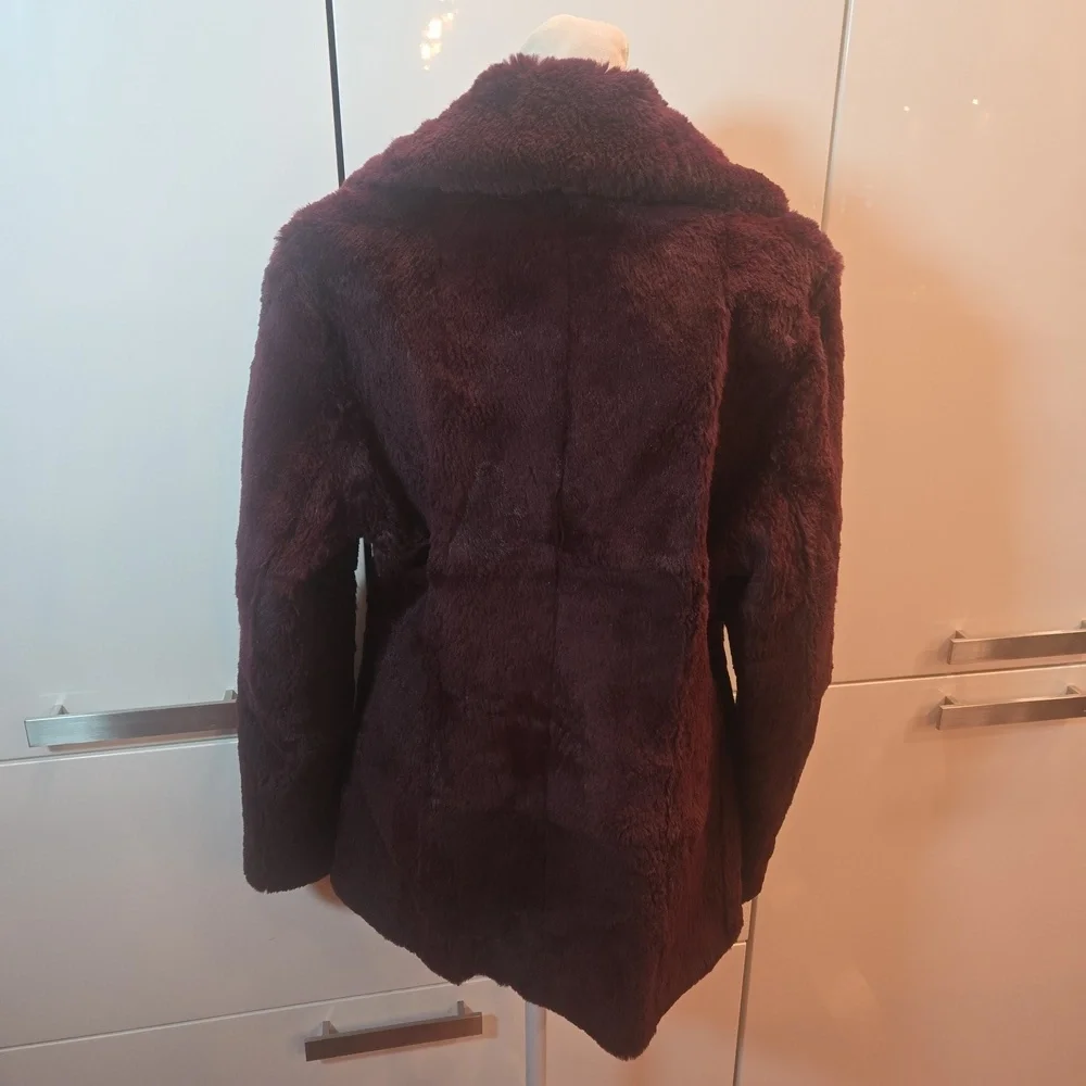 VTG 90s Burgundy Rabbit Fur Retro Pea Coat Womens XS - Picture 4 of 9